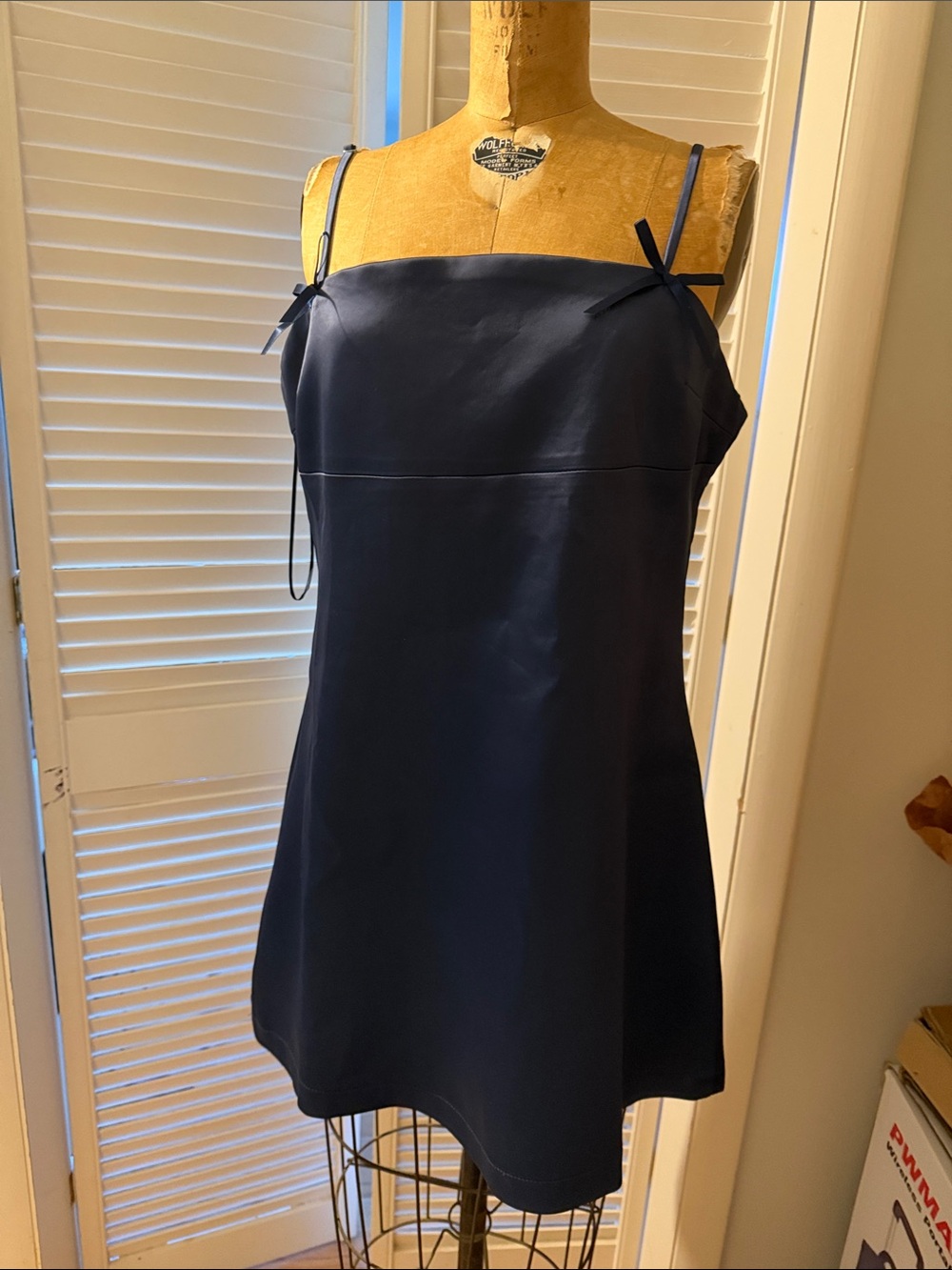 Altar'd State Navy Satin Mini Slip Dress with Bow Straps NEW
